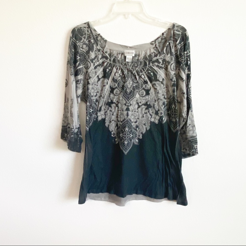 Chico’s Top Size 2 L 3/4 Sleeves Gray Black